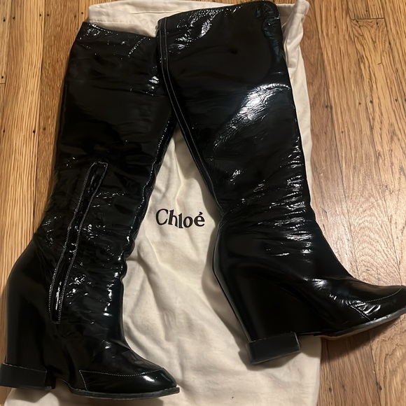 Authentic Chloe black knee high patent leather heel boots, size 7 - Picture 8 of 11